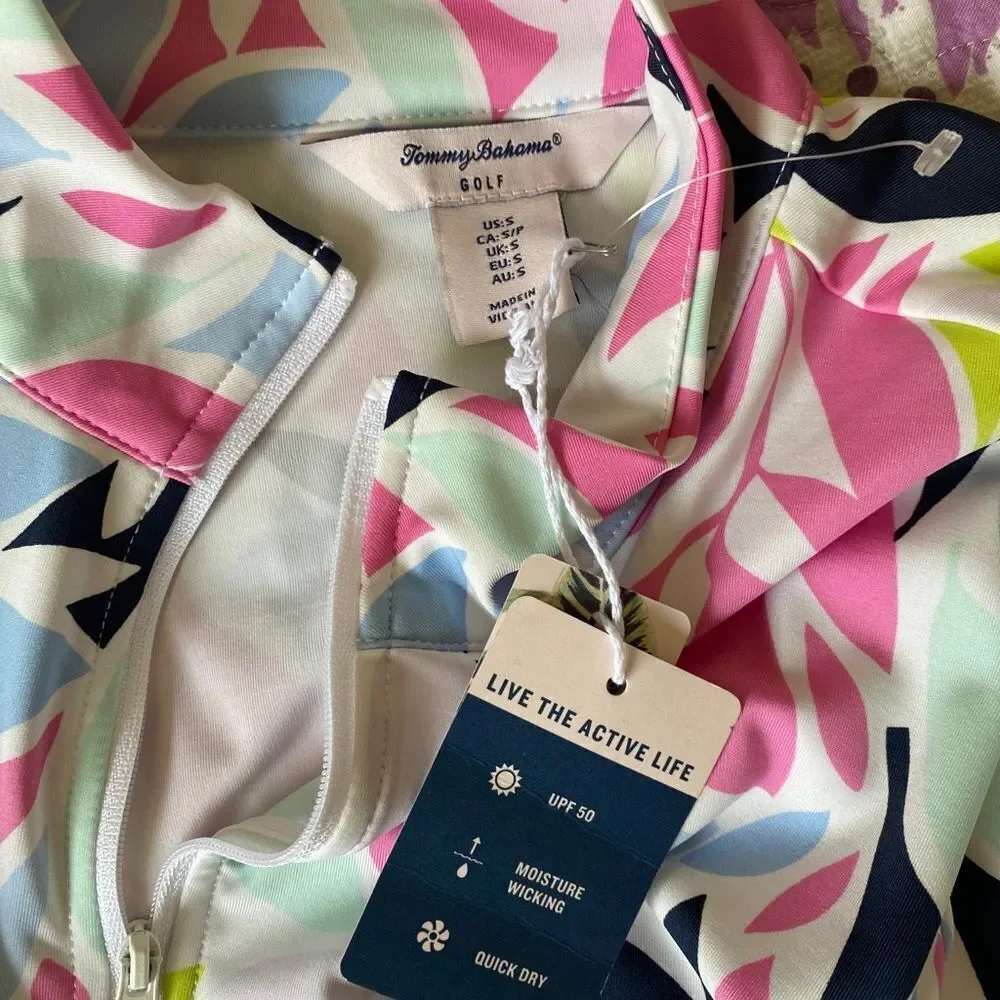 Tommy Bahama Performance Quarter Zip Top - S pink blue floral , poly spandex